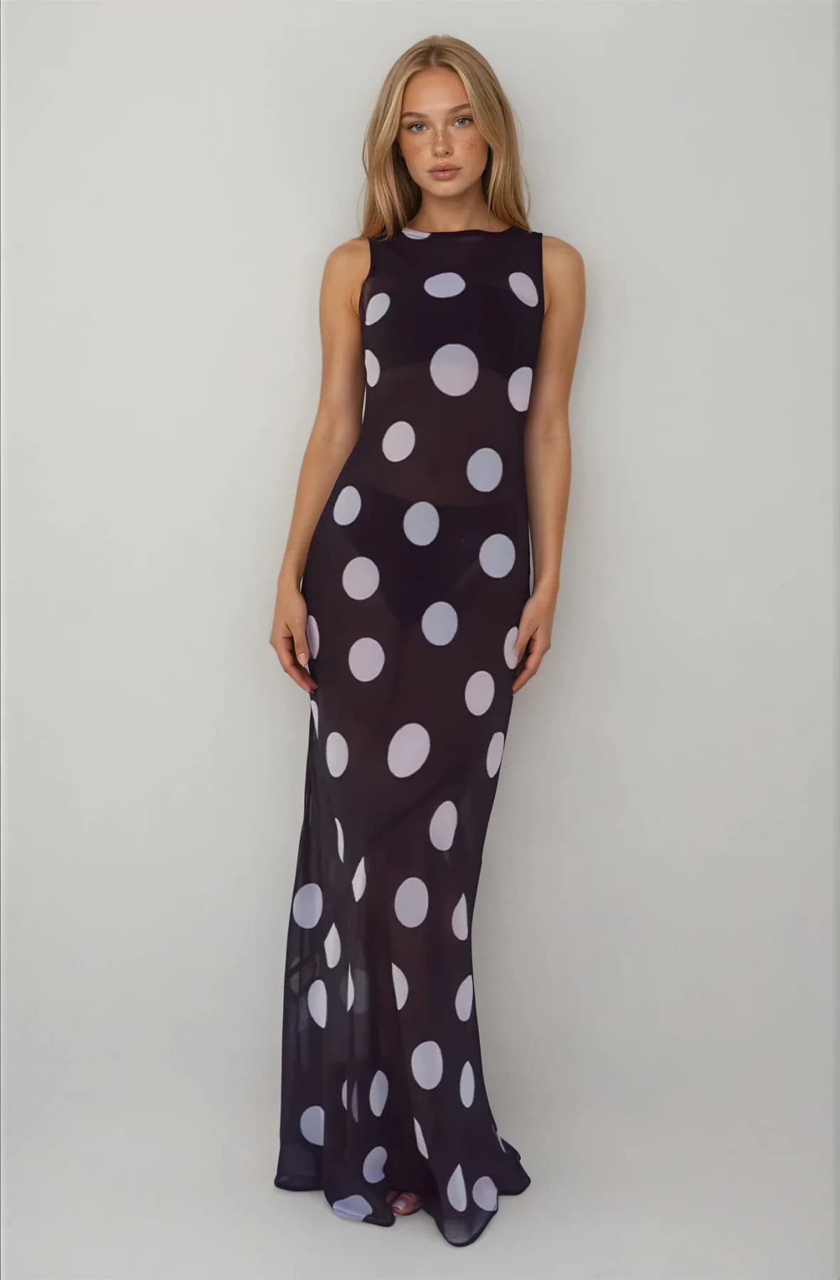 Women's Black Casual Polka Dot Sleeveless Maxi Dress