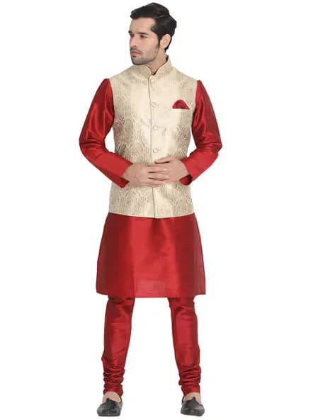 Men's Beige Self-Design Jacket, Red Kurta and Pyjama Set