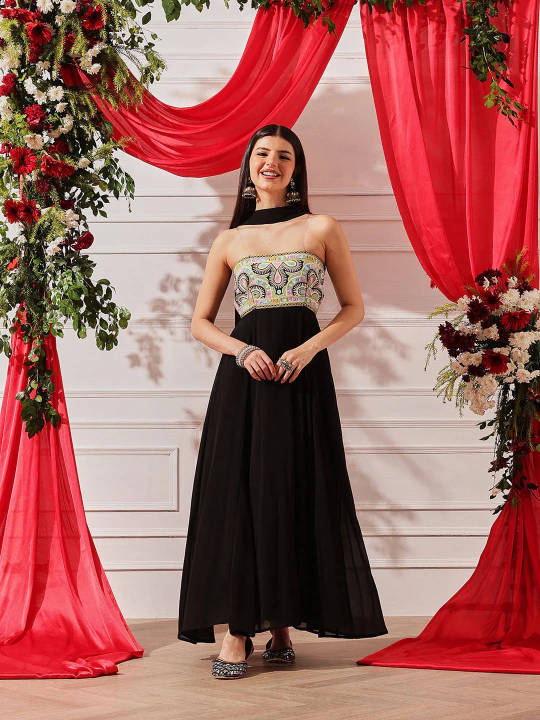 Women's Black Strapless Embroidered Maxi Ethnic Dress with Dupatta