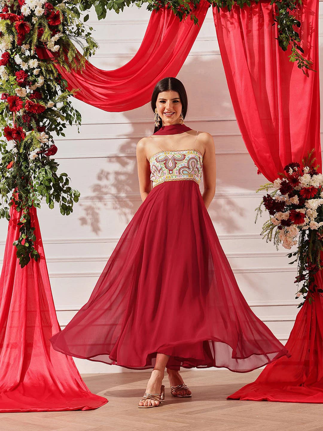Women's Red Embroidered Maxi Ethnic Dress with Dupatta