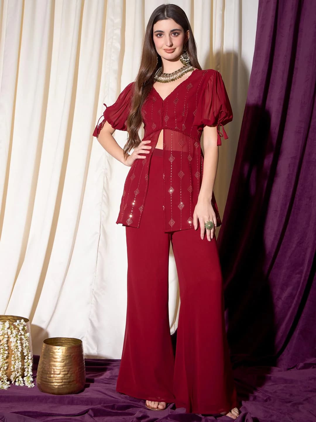 Women's Red Casual Embroidered Sequined Top with Palazzo