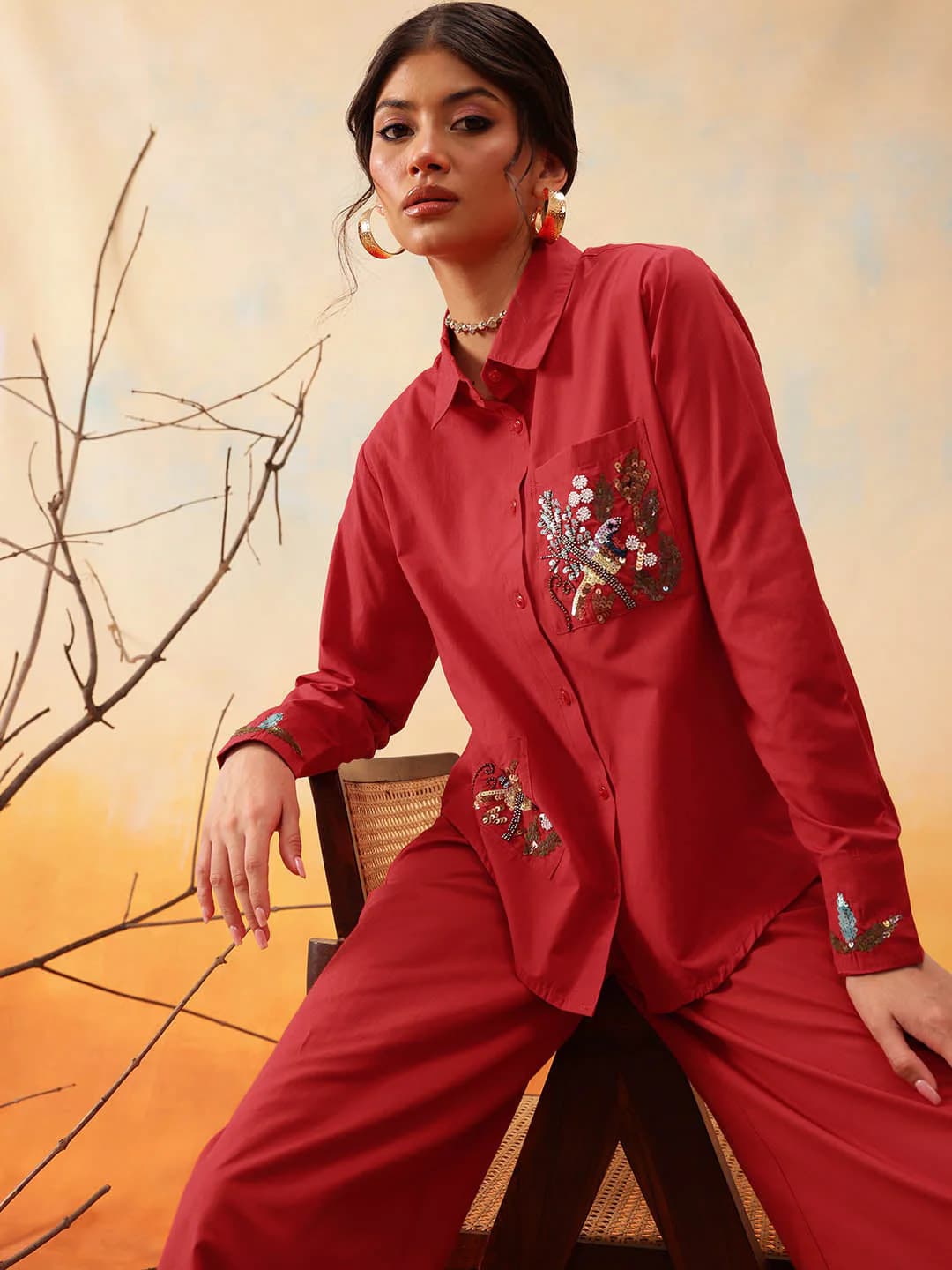Women's Red Casual Embellished Shirt and Trouser