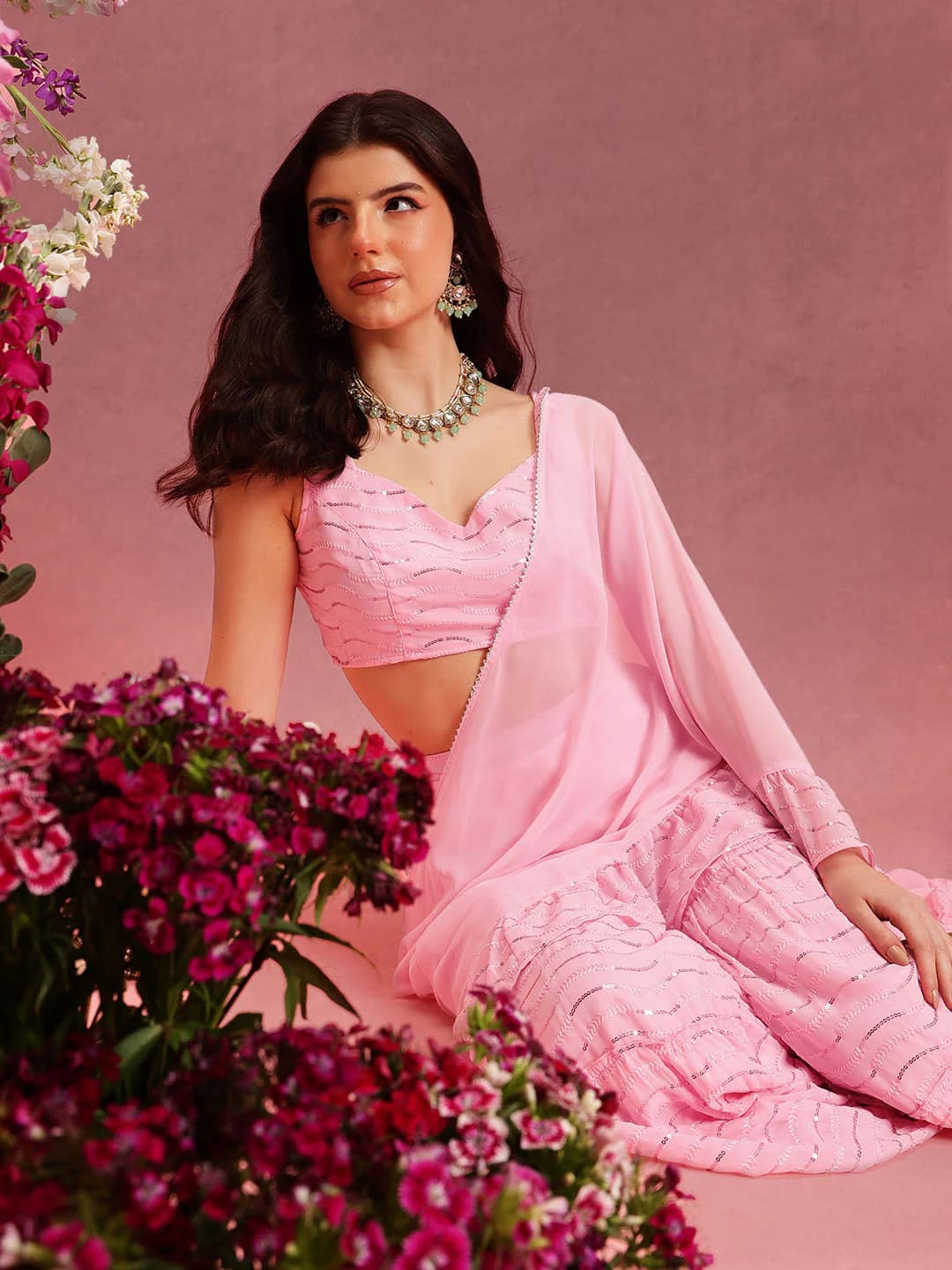 Women's Pink Casual Embellished Sweetheart Neck Crop Top and Sharara With Dupatta