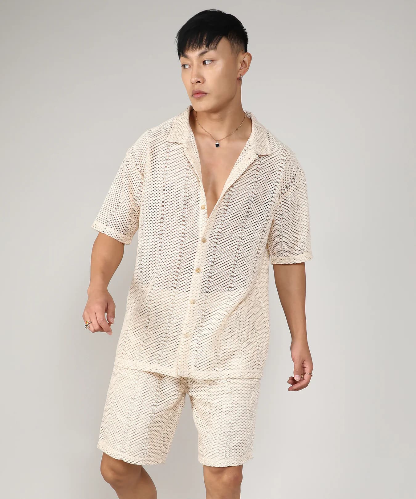 Men's White Casual Crochet Co-ords Set