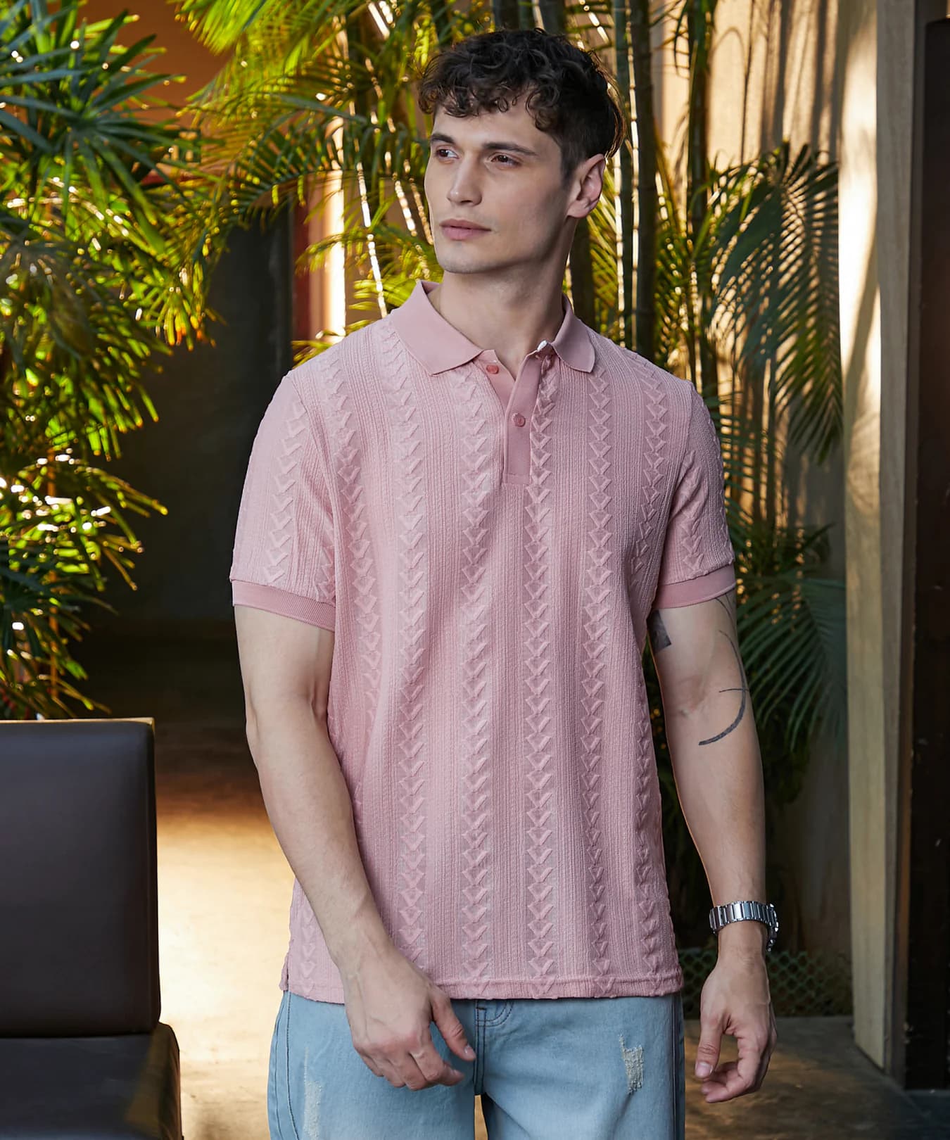 Men's Pink Arc-Tactile Casual Polo Tshirt