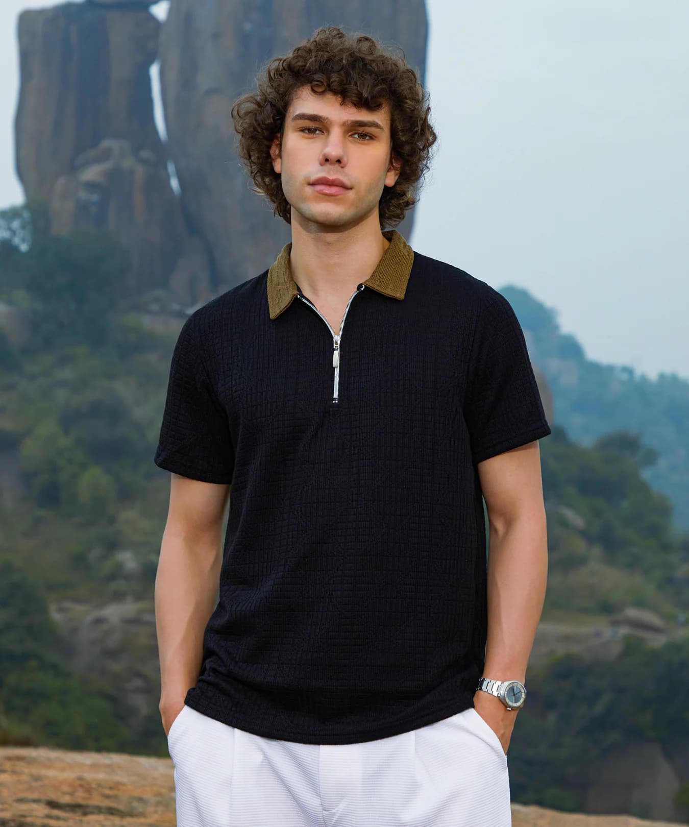 Men's Black Casual Oblique-Block Polo Tshirt