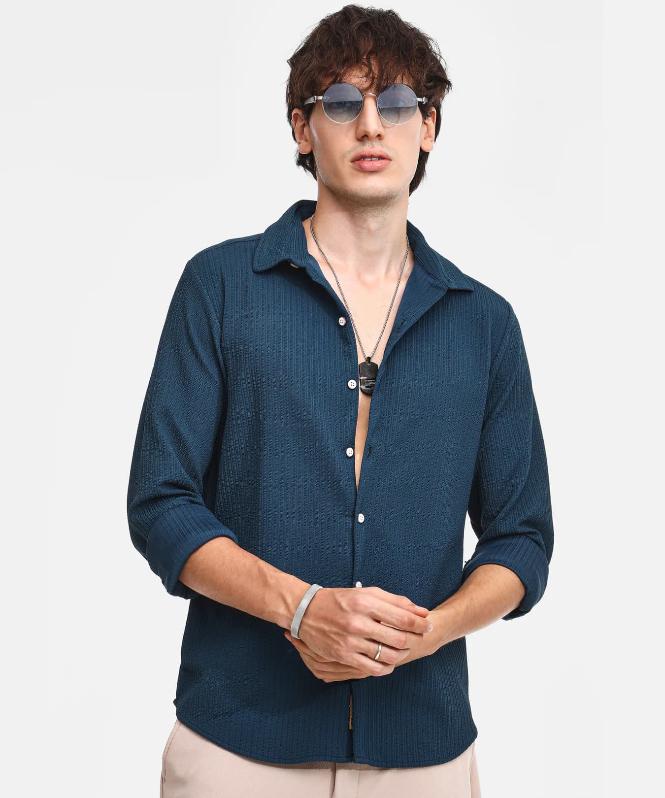 Men's Blue Casual Textured-Creased Shirt