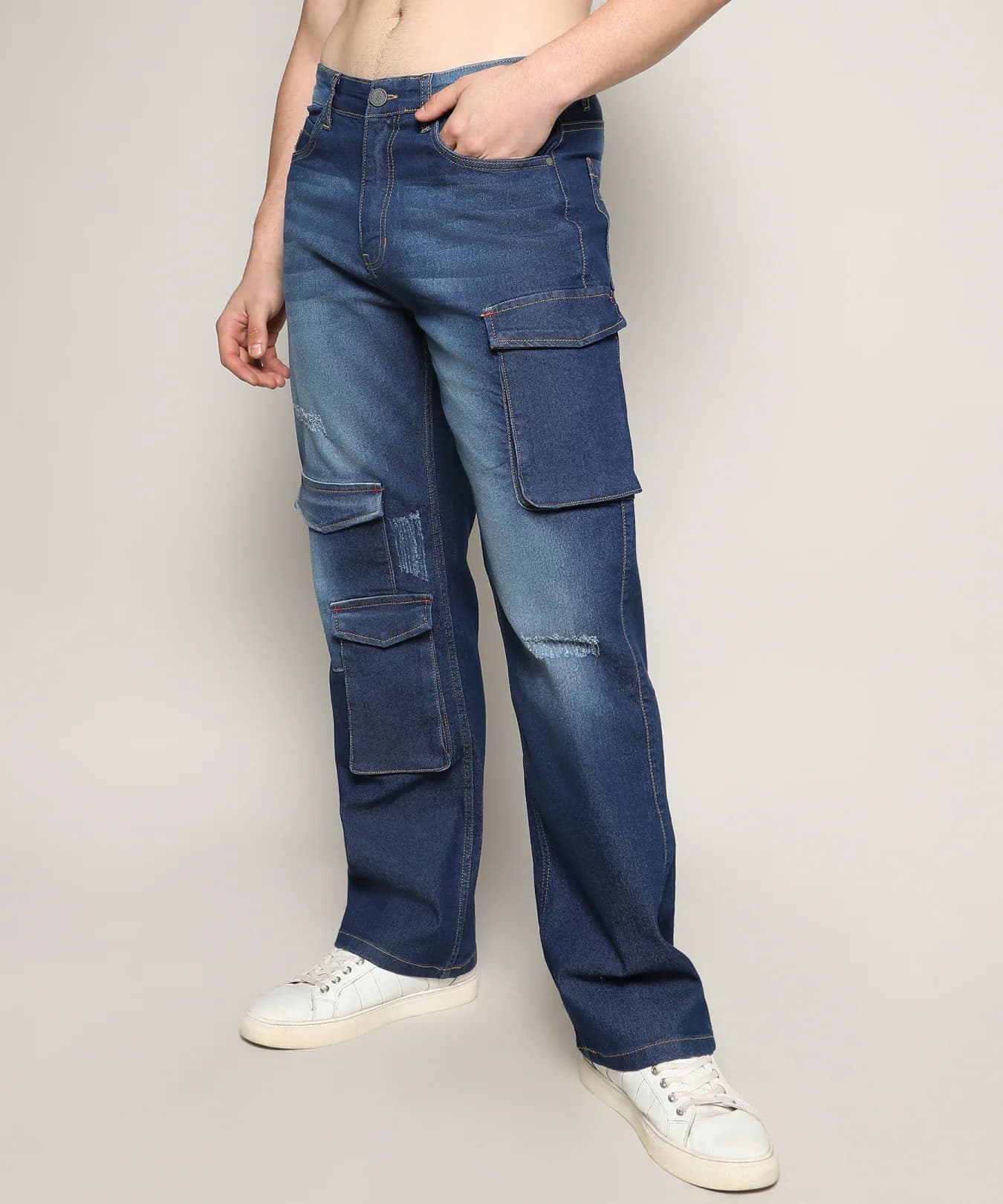 Men's Blue Utility Casual Cargo Denim Jeans