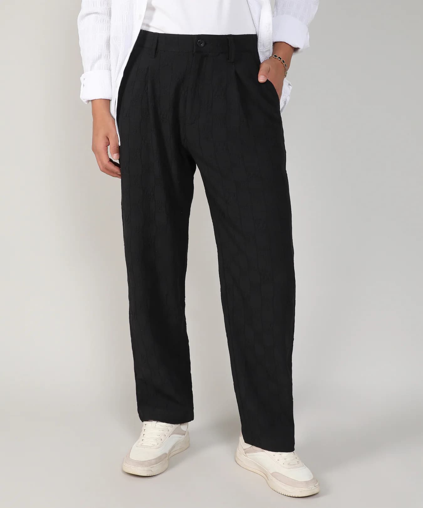 Men's Black Casual Creased-Check Trouser