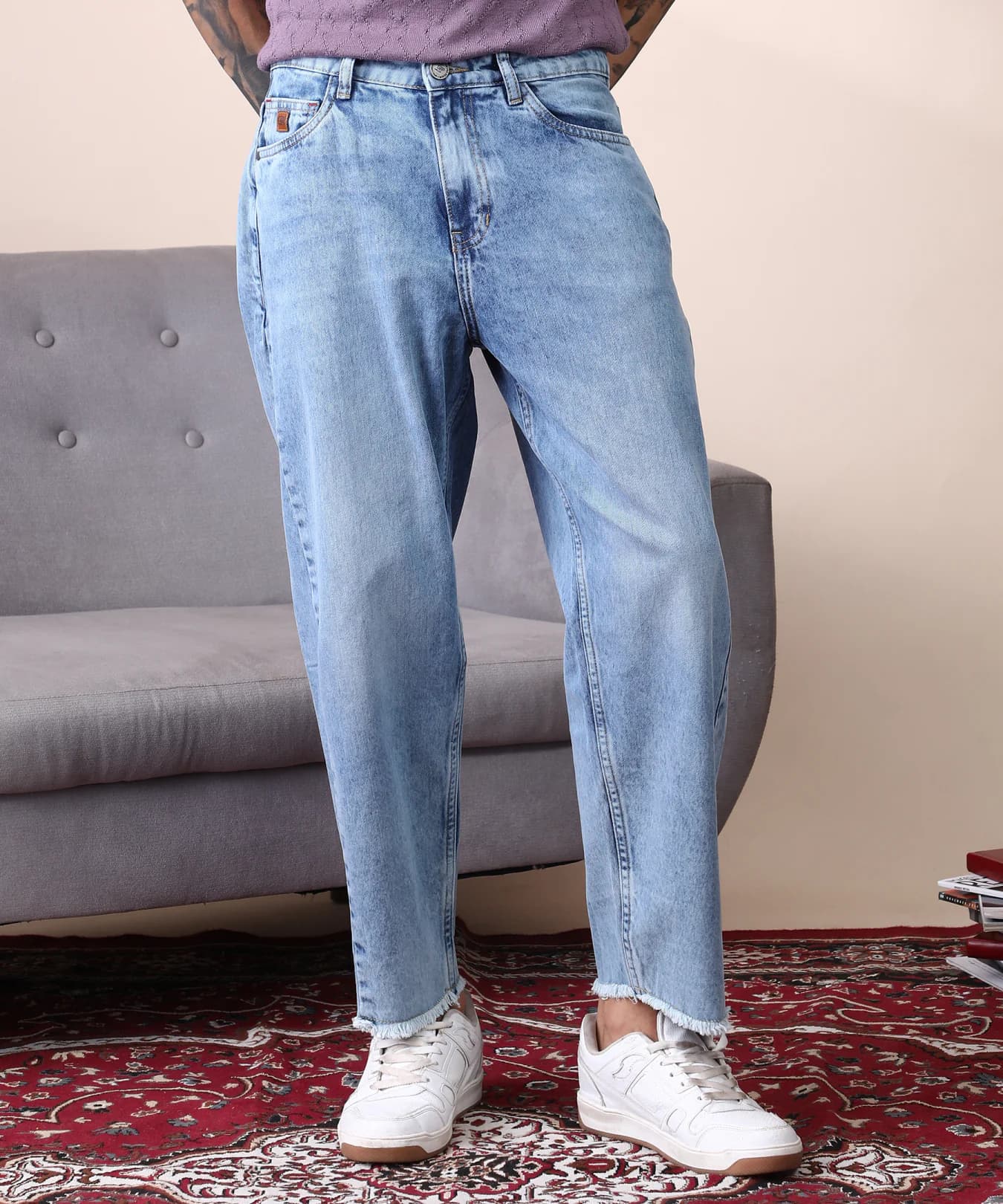 Men's Blue Unhemmed Casual Light-Wash Denim Jeans