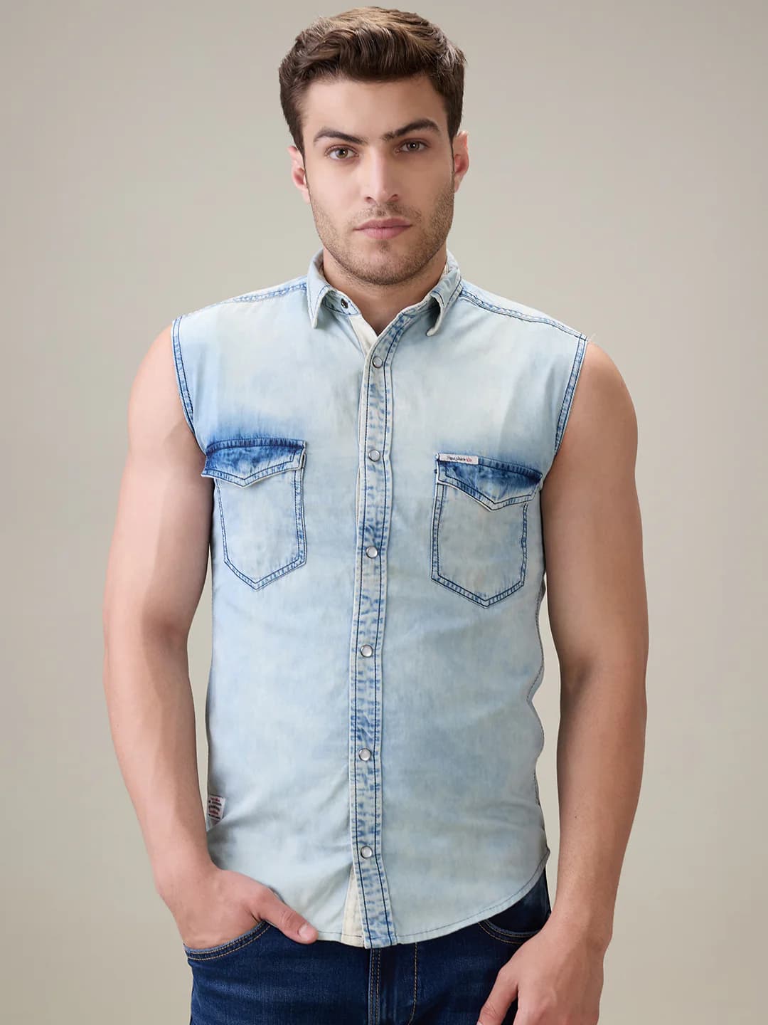 Mens Blue Casual Solid Regular Fit Hank Denim Shirt