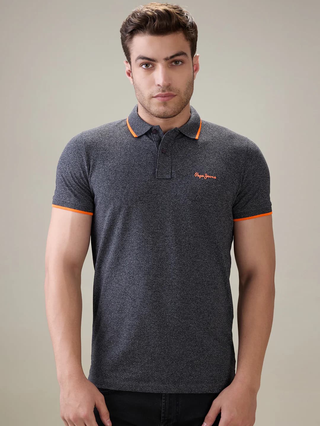 Mens Grey Casual Solid Half Sleeves Polo Collar Tshirt