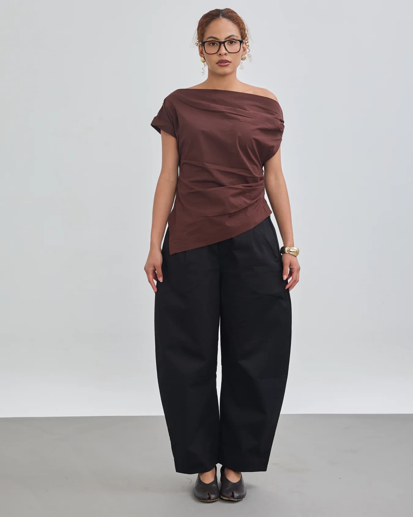 Women's Brown Casual Wrapline One Shoulder Top