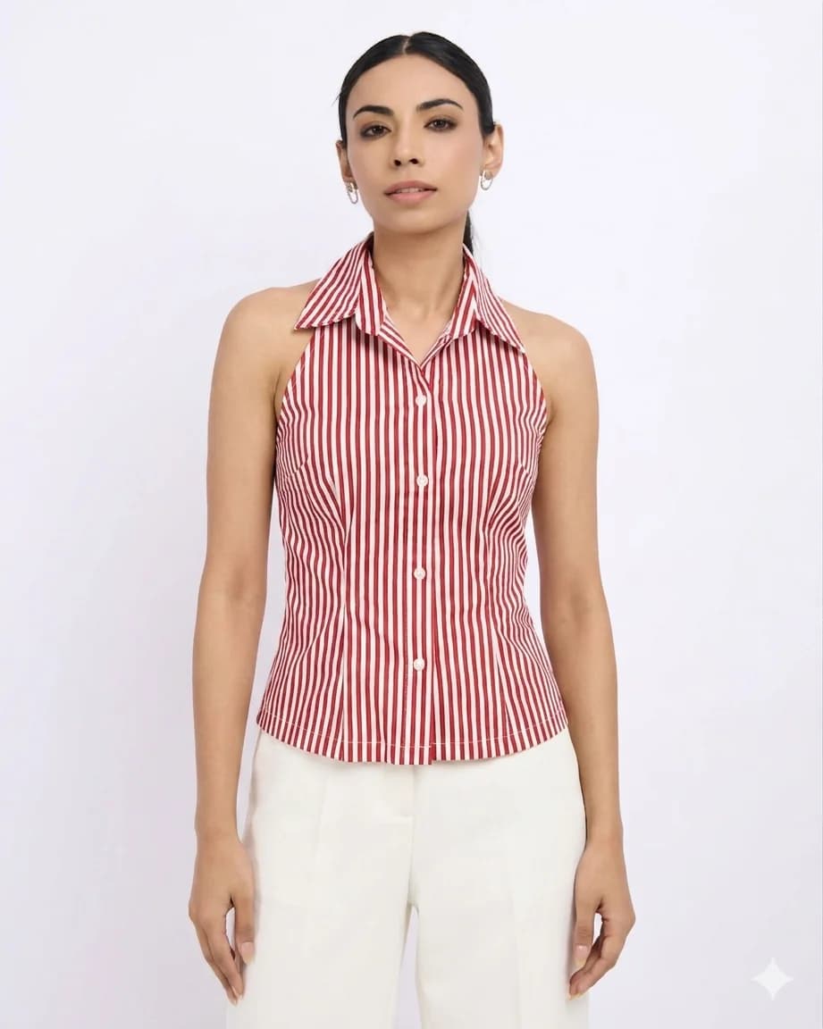 Women's Red Formal Halter Neck Slim Fit with Tie-Back Detail Shirt