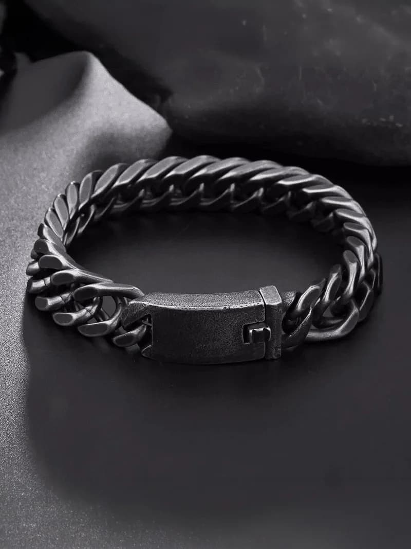 Men's and Boys Gravitas Link - 11.5 mm Pure Black Titanium Steel Bracelet with Push Button Clasp - 8 Inch