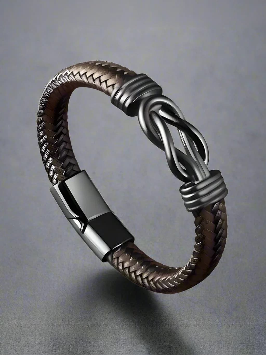 Men's and Boys Love Knot Brown - Genuine Leather Braided Bracelet with Stainless Steel Magnetic Buckle - 8 Inch