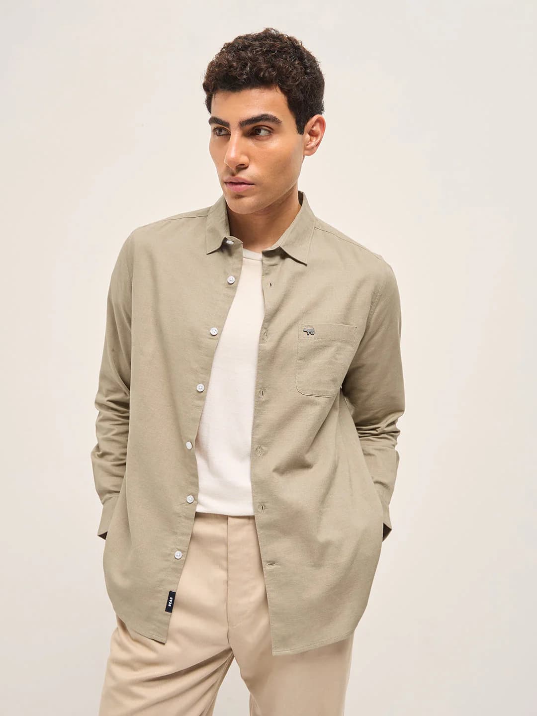 Men's Beige Cotton Linen Slim Fit Solid Casual Shirt