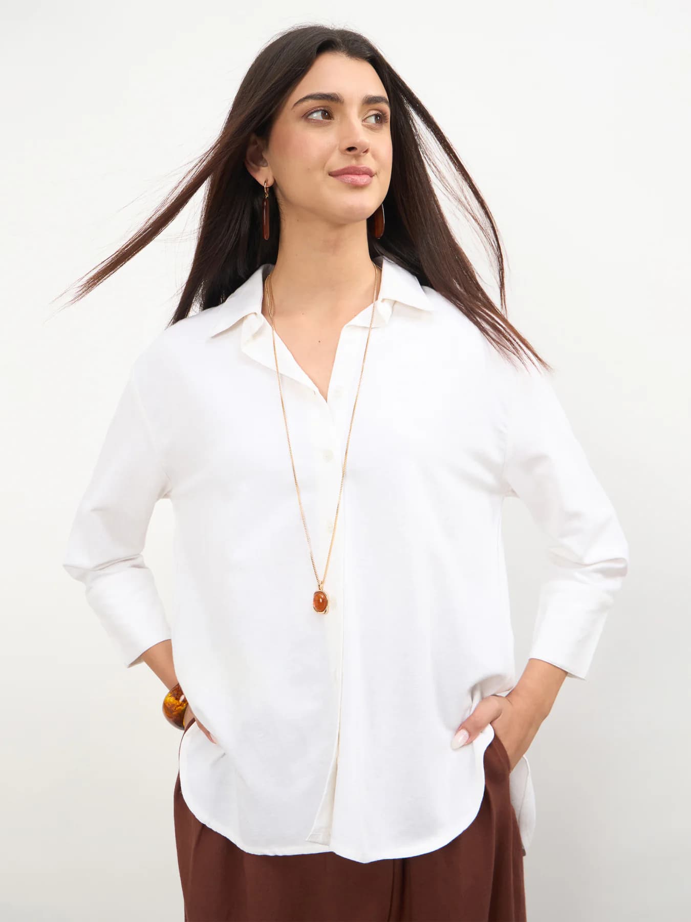 Women's White Casual Oversized Fit Solid Three Quarter Sleeves Shirt