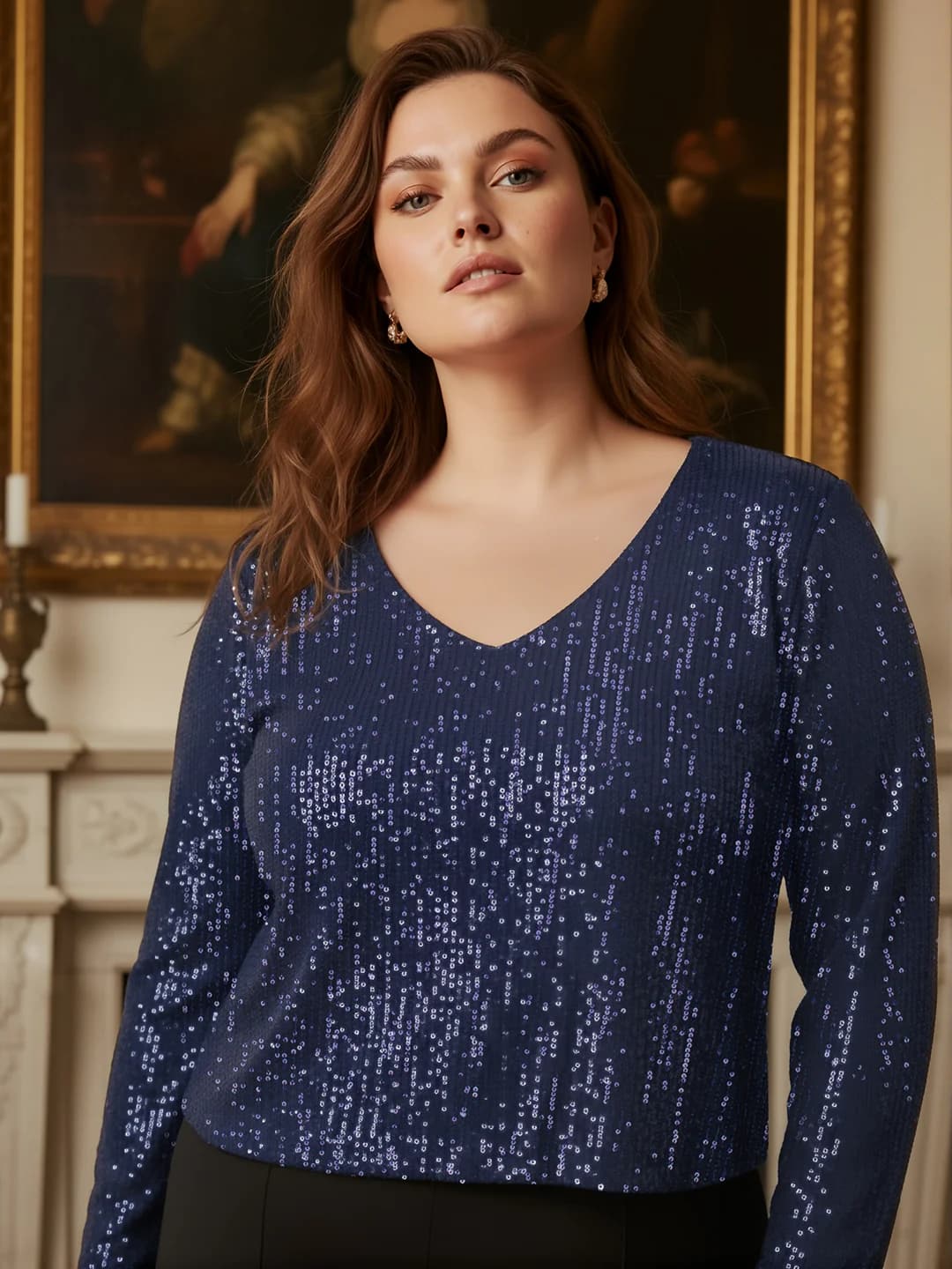 Women's Gloplus Navy Party Embellished Regular Fit V-Neck Top