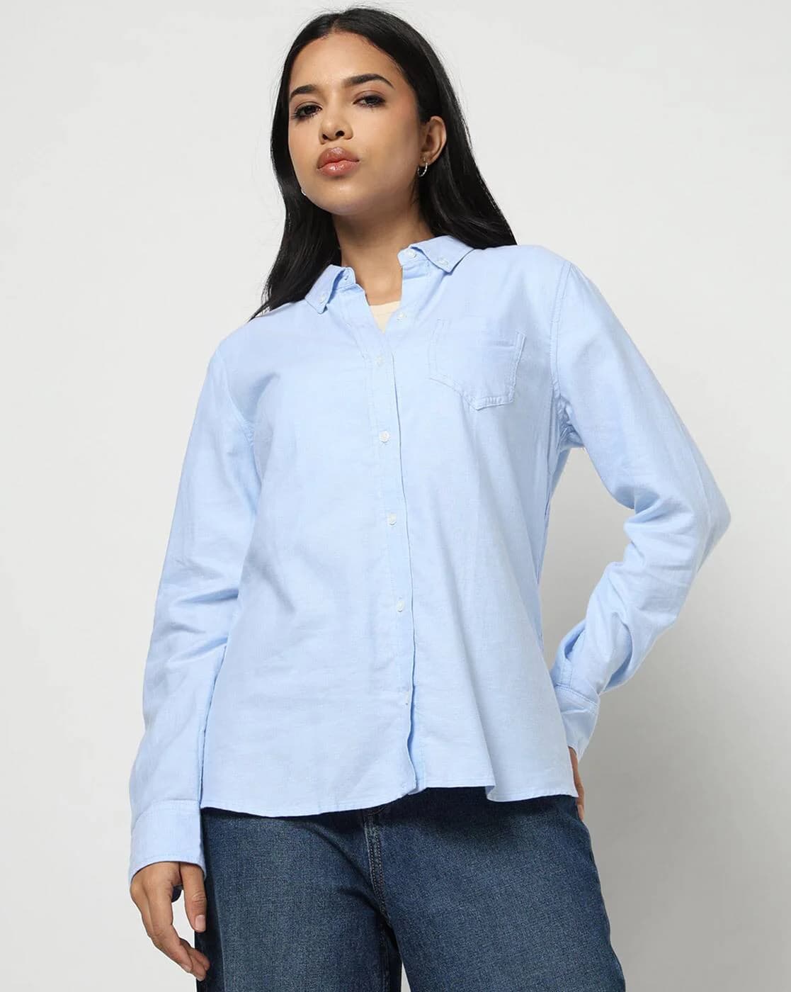 Women's Blue Casual Oversized Fit Full Sleeves Shirt