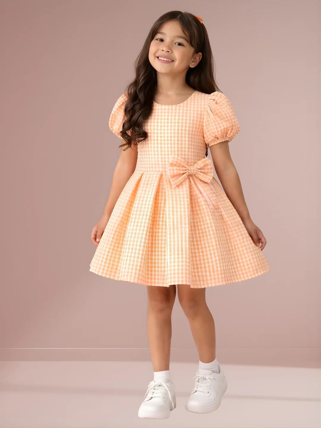 Girls Orange Casual Cotton Half Sleeves Checks Print with Bow Dress