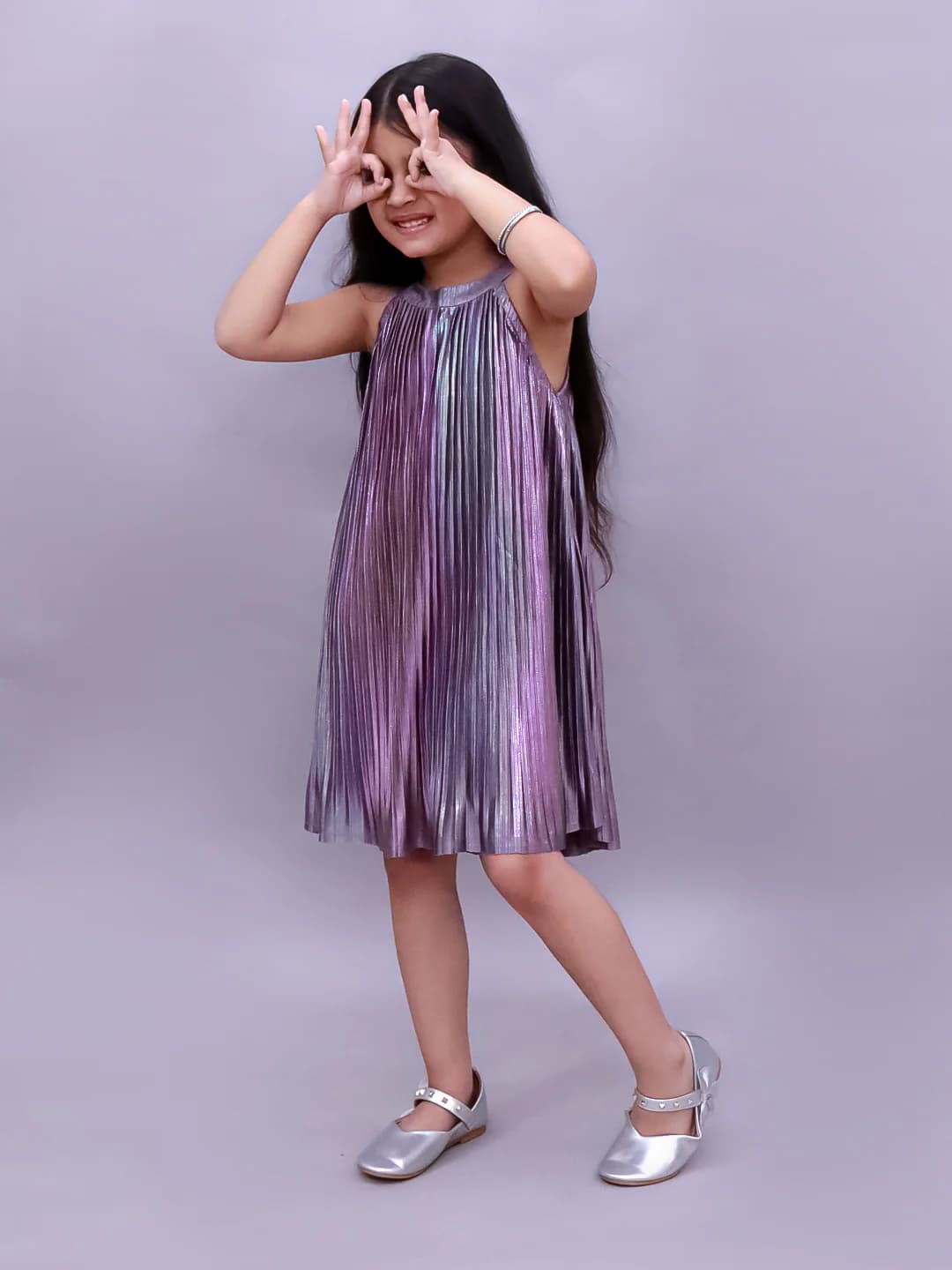 Girls Multicolor Poly Knit Pleating Sleeveless Solid Party Dress