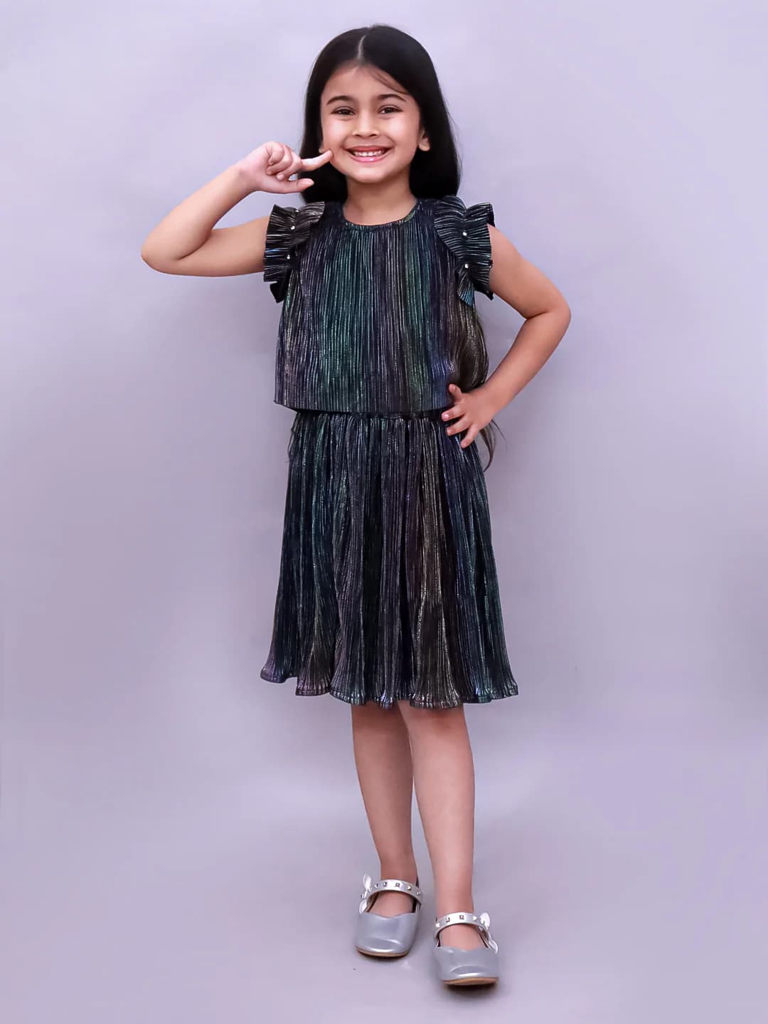 Girls Grey Poly Knit Frill Sleeves Pleated Party Top and Skirt Co-ord Set