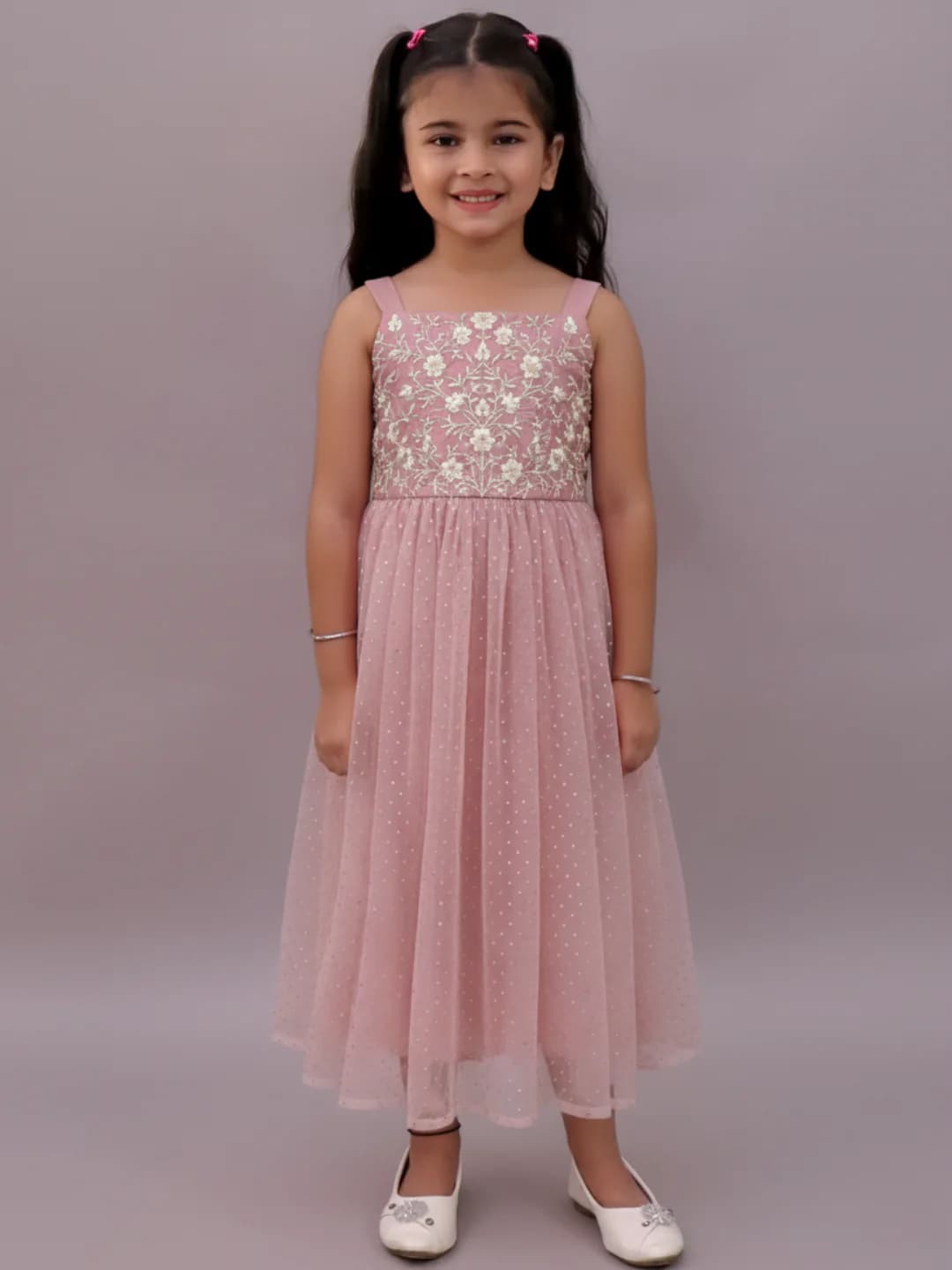 Girls Pink Festive Cotton Sleeveless Floral Embroidery Dress