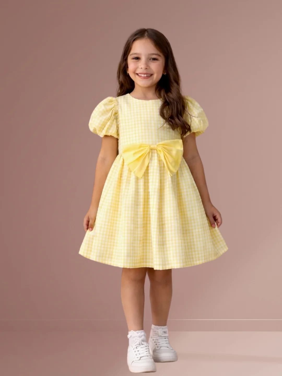 Girls Yellow Casual Cotton Half Sleeves Checks Print with Bow Dress