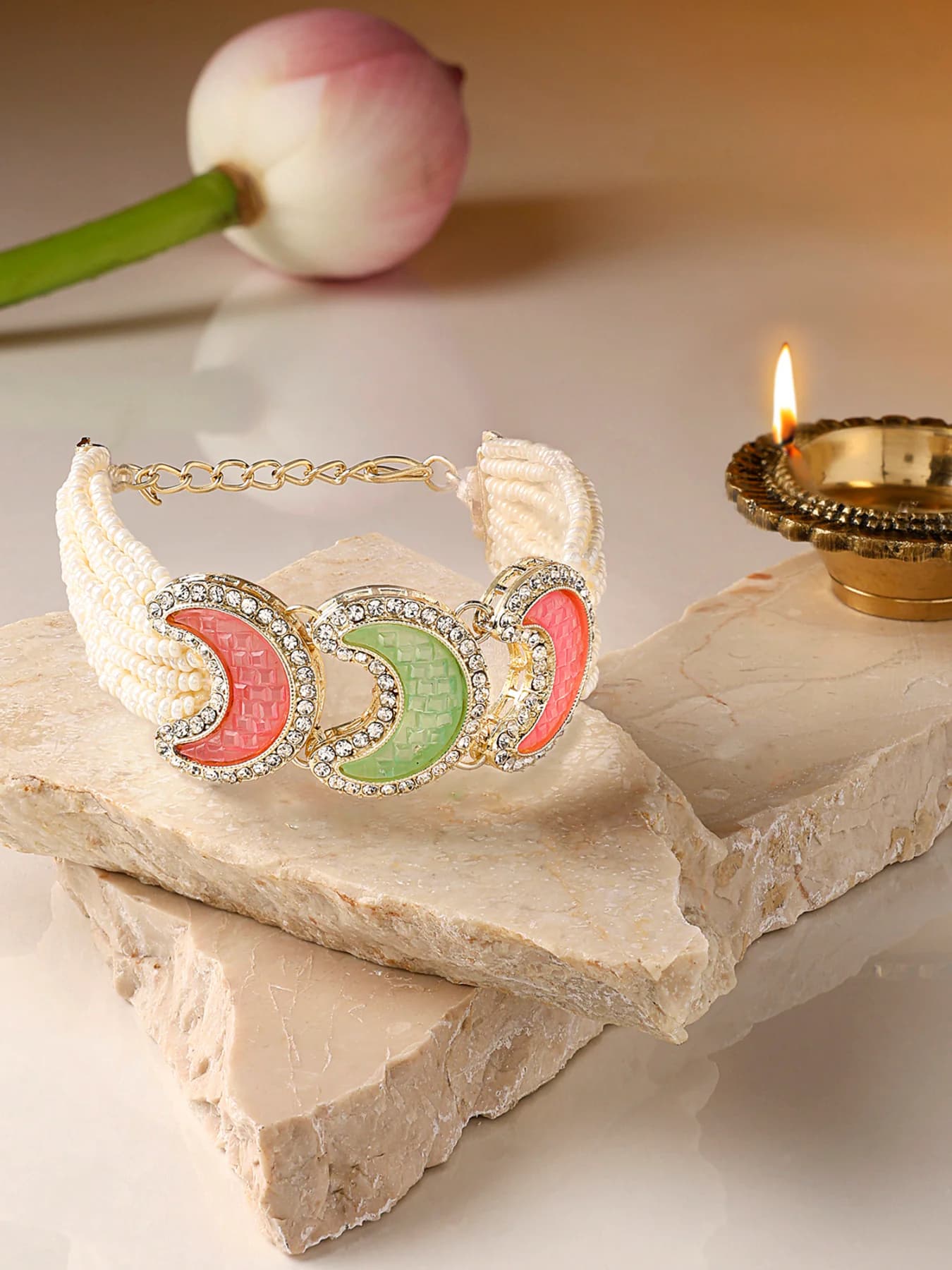 Women's Pink and Green Multistrand Beaded Dazzling Crescent Bracelet