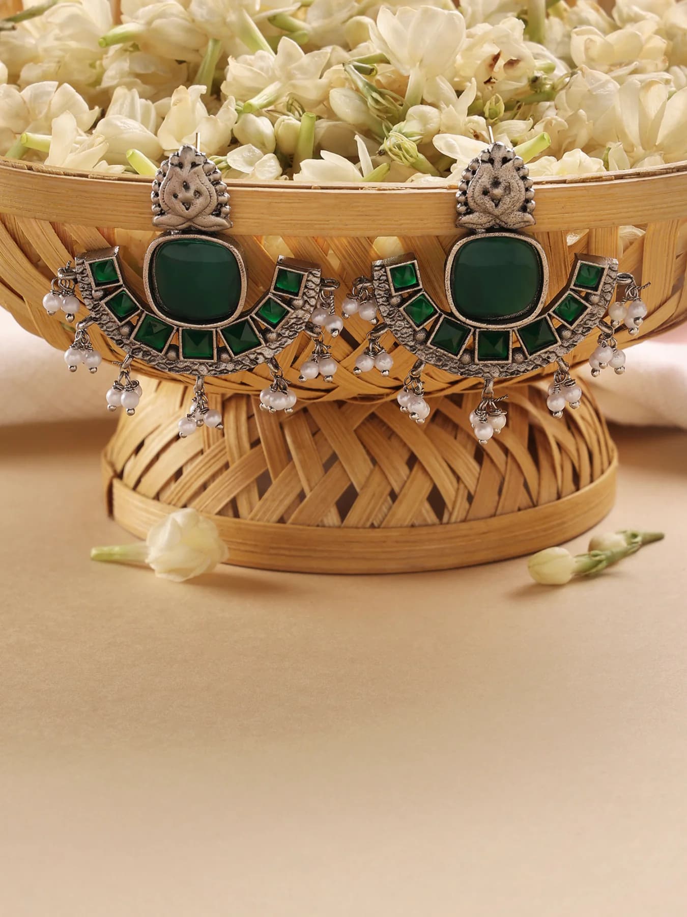 Women's Green Silver Oxidised Stones and Beads Traditional Drops Earring