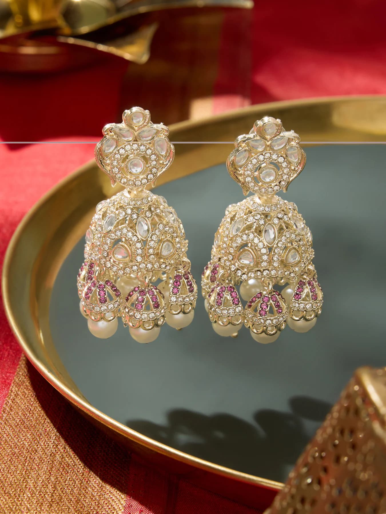 Women's Pink Dazzling Austrian Diamonds Embellished Jhumki Drop Earring