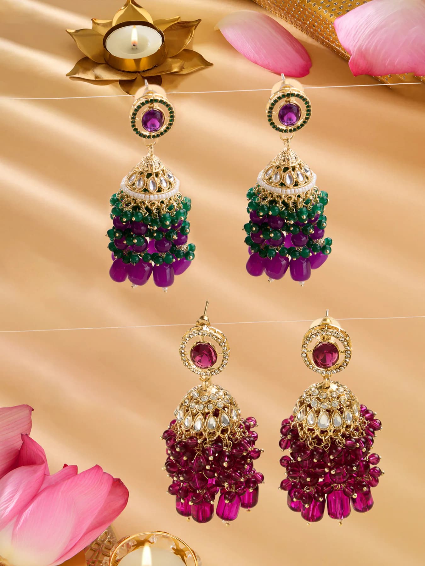 Women's Multicolor Stones Cluster Beads Drop Statement Jhumki Earrings - Pack of 2