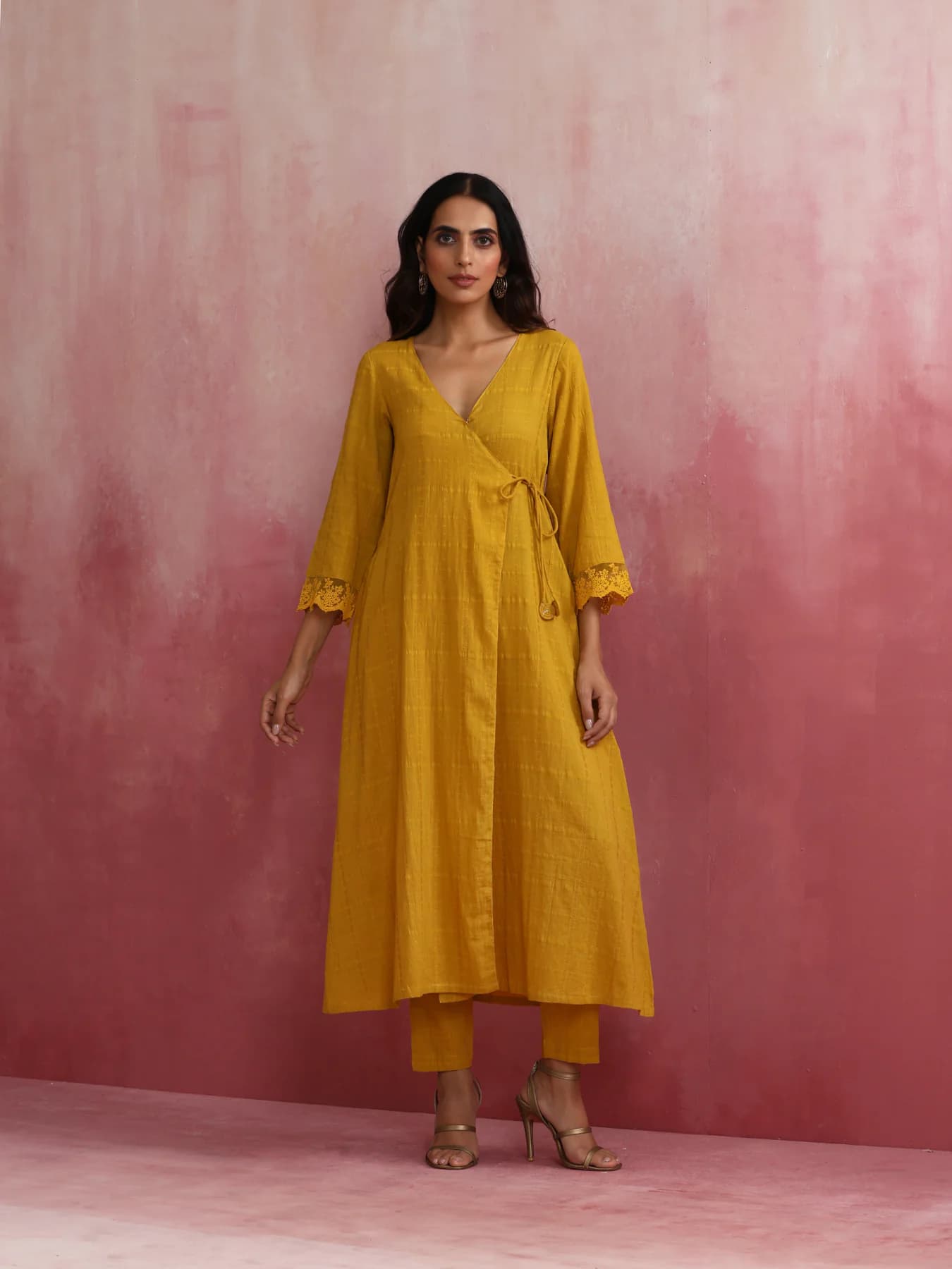 Women's Yellow Festive Regular Fit Floral Three Quarter Sleeves Cotton Plus Size Kurta Set