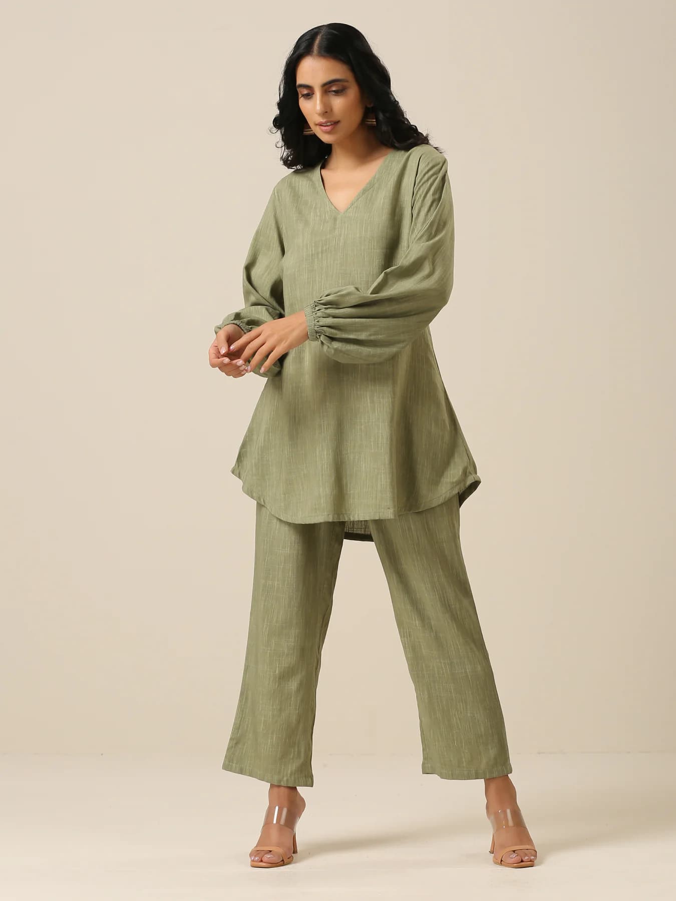 Women's Green Casual Regular Fit Solid Full Sleeves Cotton Plus Size Co-ords Set