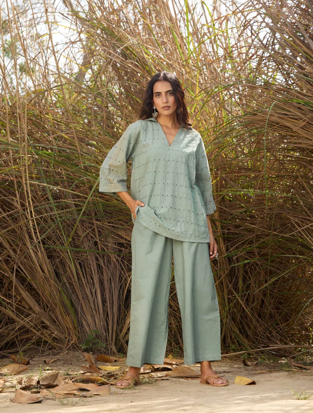 Women's Green Casual Regular Fit Three Quarter Sleeves Cotton Plus Size Co-ords Set