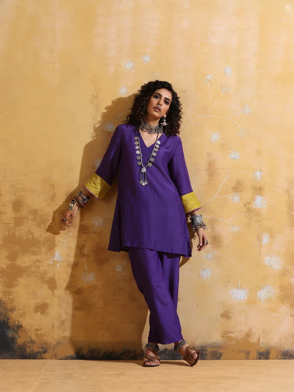 Women's Purple Festive Straight Fit Solid Three Quarter Sleeves Silk Plus Size Co-ords Set