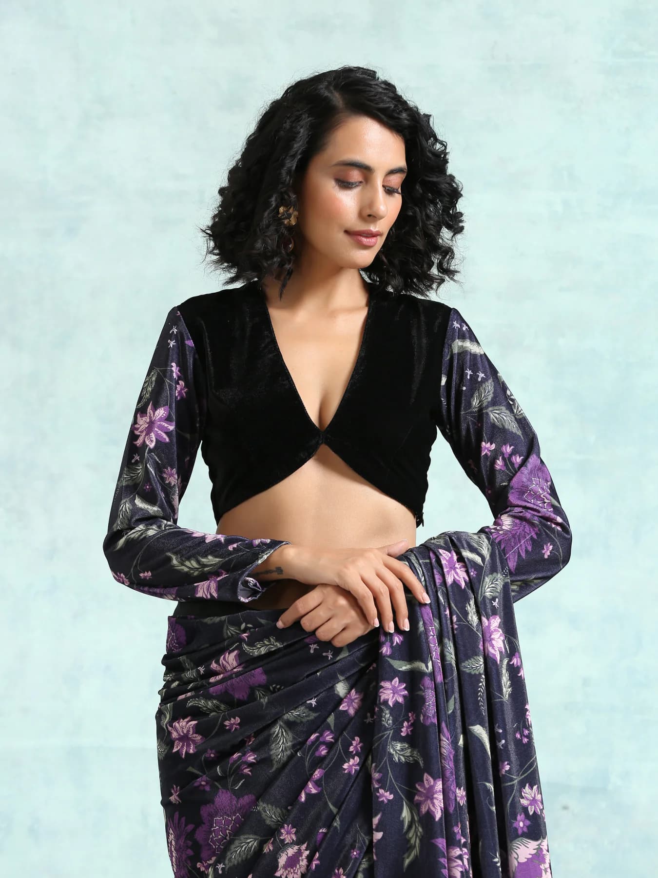 Women's Black Printed Full Sleeves Velvet Plus Size Blouse