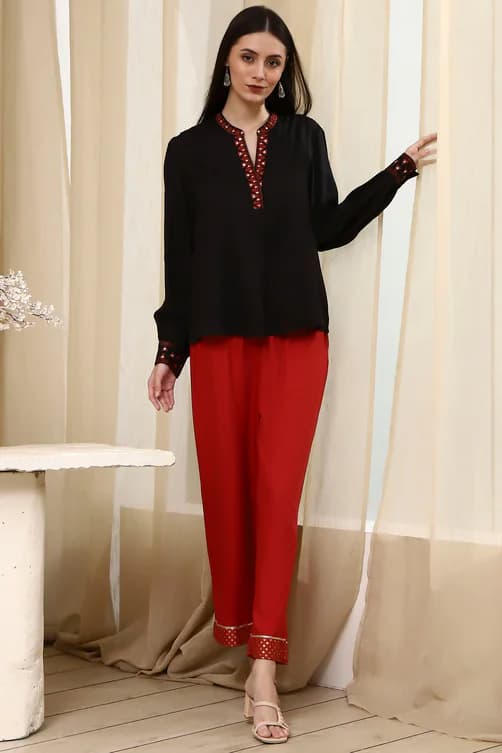 Women's Black Casual Full Sleeves Viscose Straight Tops