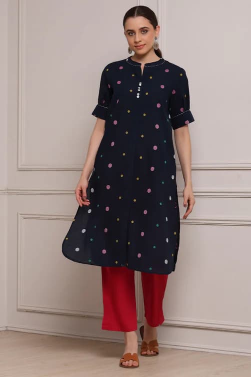 Women's Blue Casual Three Quarter Sleeves Cotton Straight Kurta