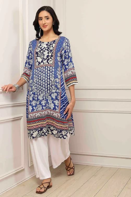 Women's Blue Casual Three Quarter Sleeves Rayon Straight Kurta