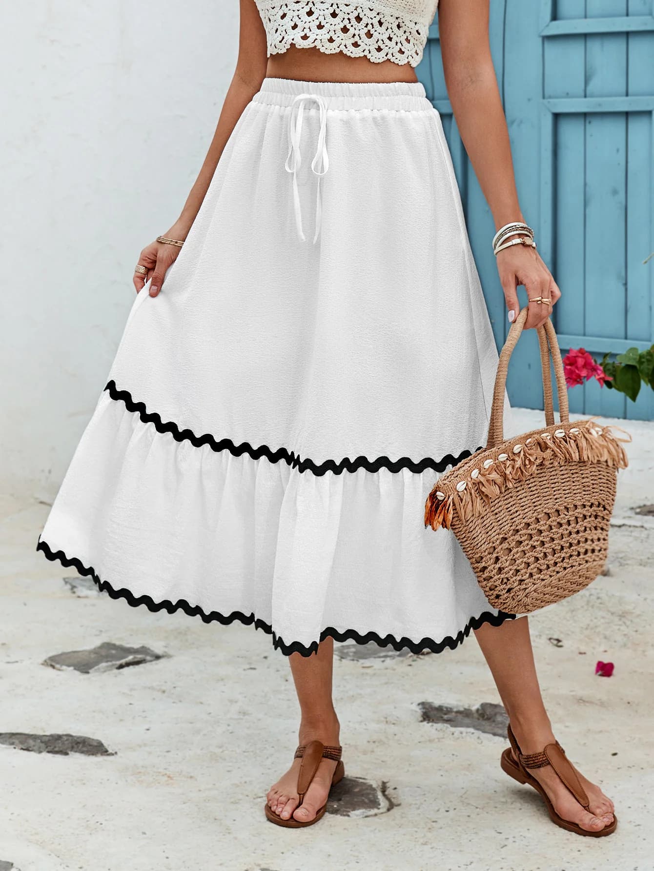Women's White A-Line Midi Skirt with Lace Detail