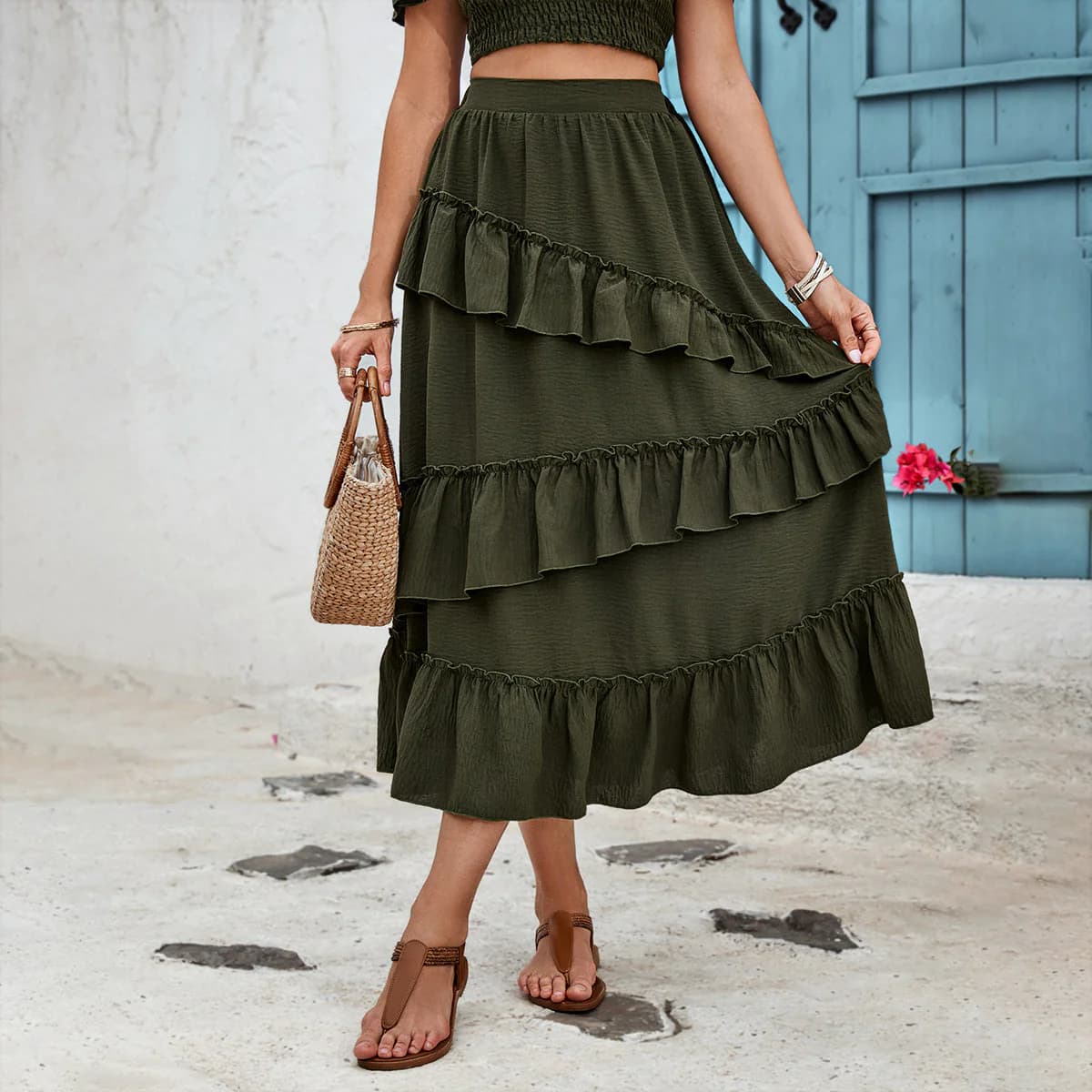 Women's Green Midi Skirt with Ruffle Detail