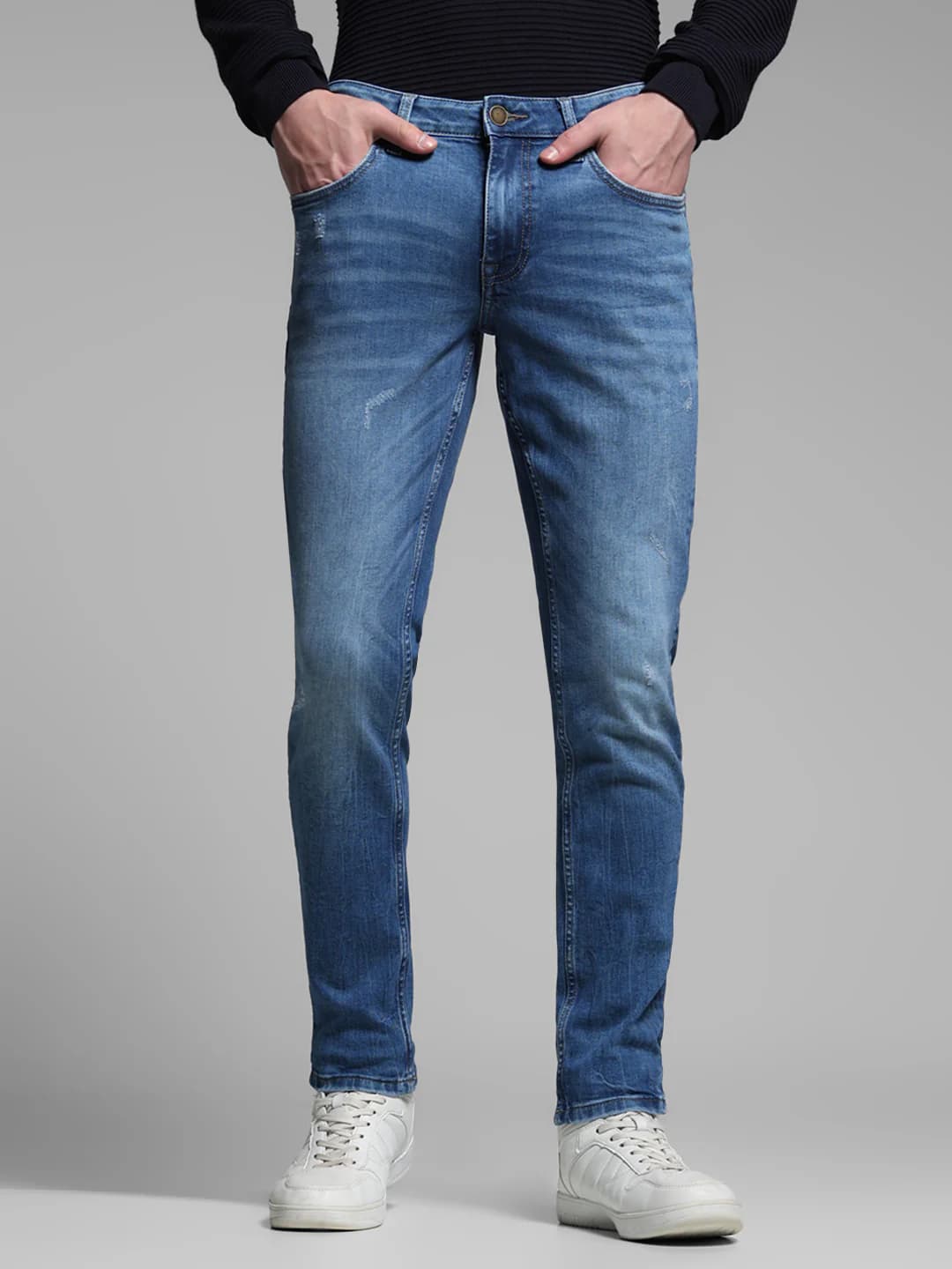 Men's Blue Casual Slim Fit Solid Low Rise Jeans