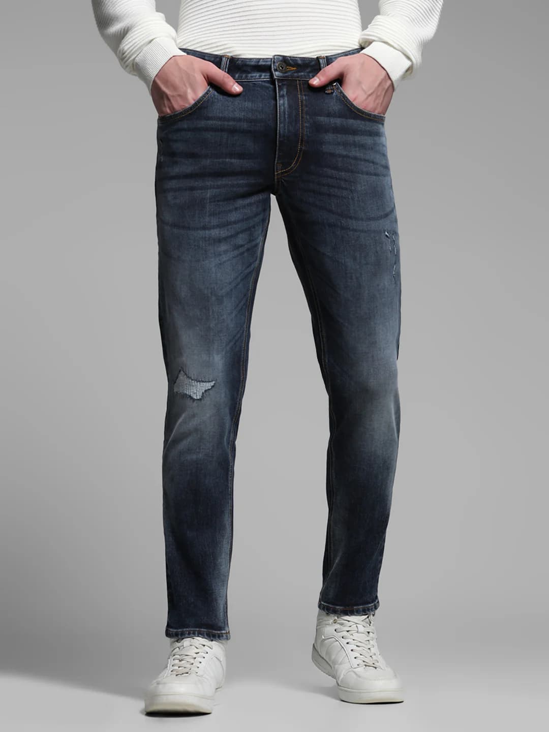 Men's Blue Casual Straight Fit Solid Low Rise Jeans