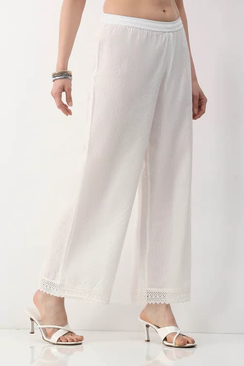 Women's White Cotton Lace Trim Straight Palazzos
