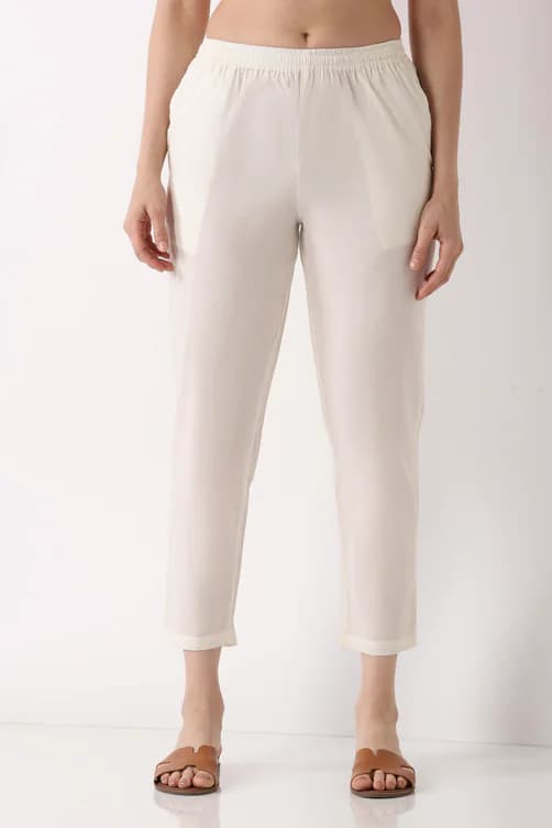 Women's Off White Cotton Slim Trouser