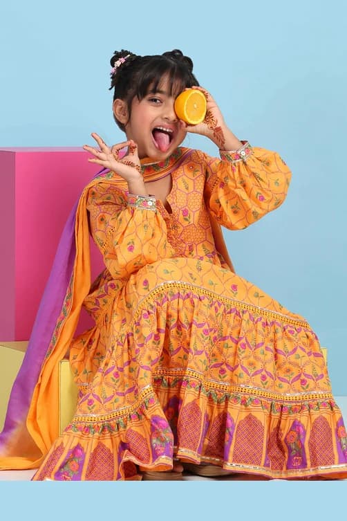 Girls Orange Casual A-Line Kurta With Palazzos Cotton Salwar Suit