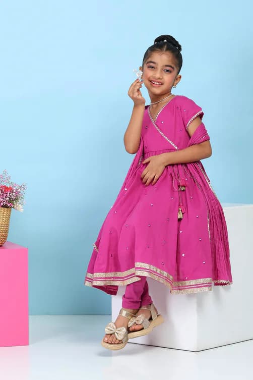 Girls Pink Casual Anarkali Kurta With Churidar Cotton Salwar Suit