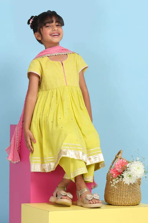 Girls Green Casual Anarkali Kurta With Palazzos Cotton Salwar Suit